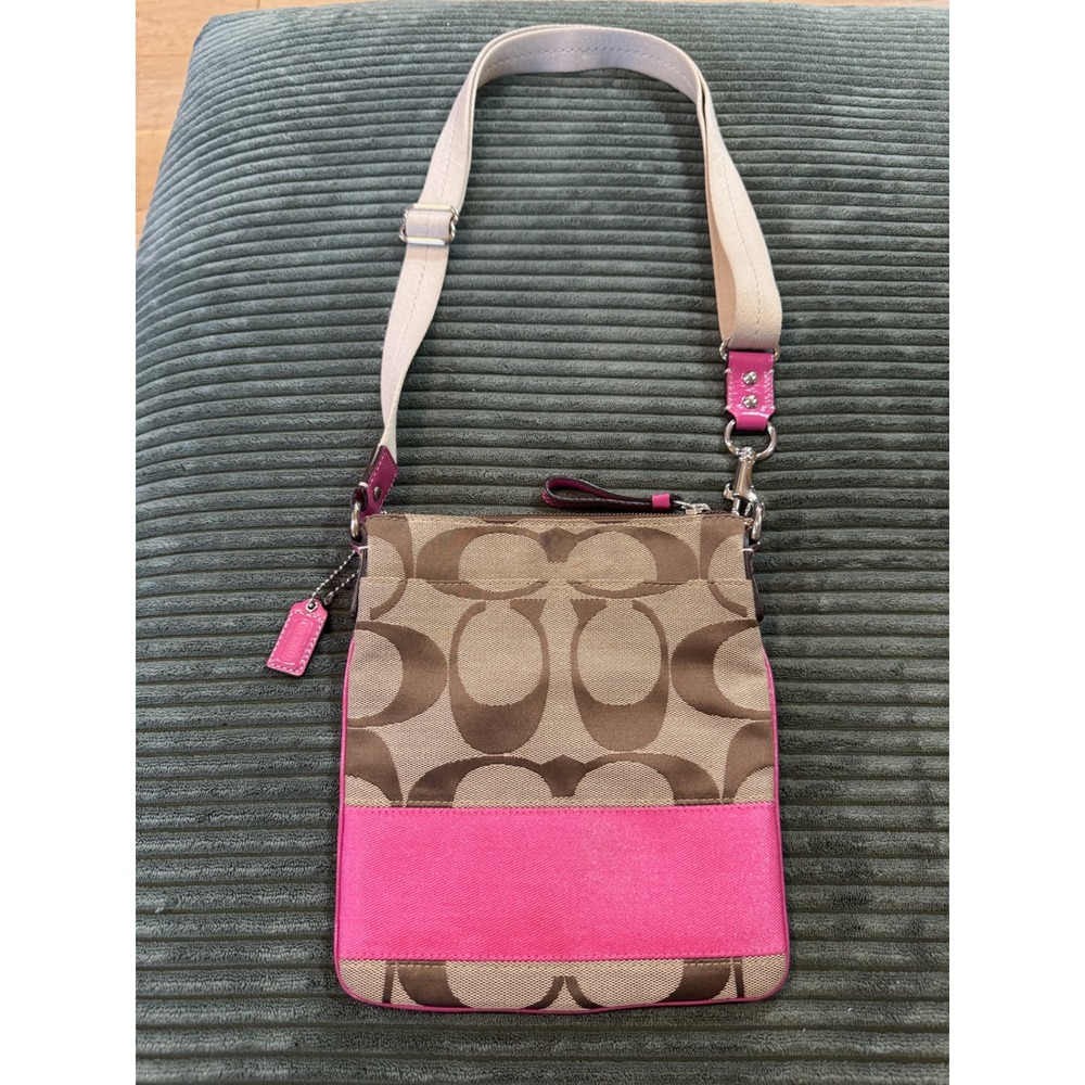 Coach Signature C Monogram Canvas Crossbody Pink Stripe Adjustable Strap (3790)